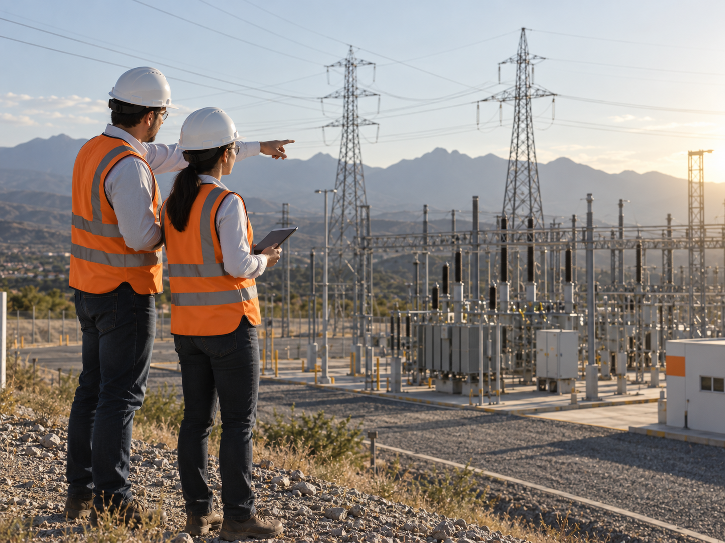 Subestación eléctrica y líneas de transmisión, representando experiencia en energía eléctrica.