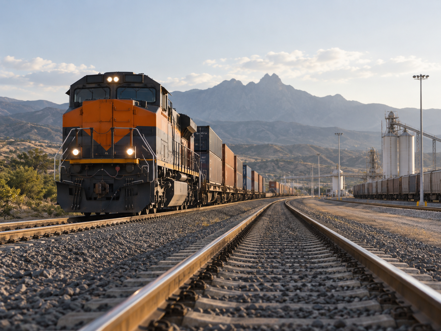 Tren de carga sobre vía férrea, representando experiencia en ferrocarriles.