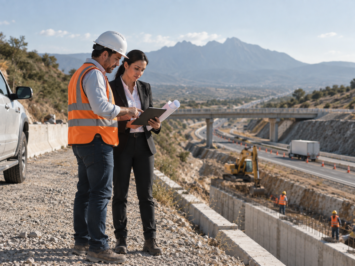 Profesionales supervisando una obra de infraestructura y revisando información en sitio, representando auditoría legal y supervisión.