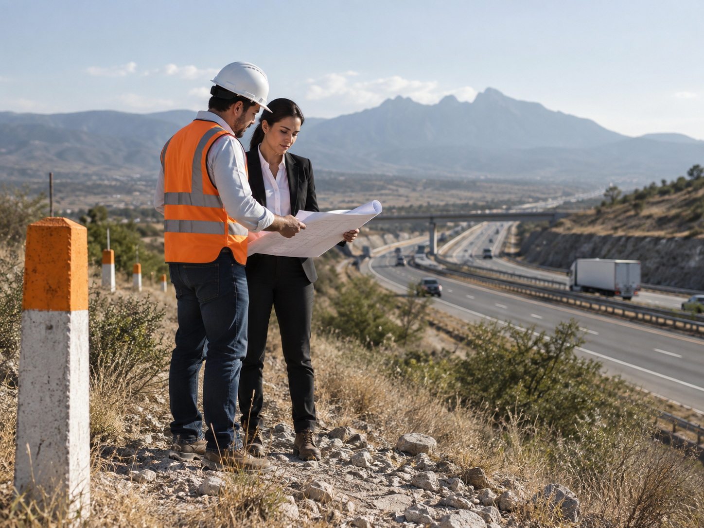 Profesionales revisando planos junto a un corredor carretero, representando derecho de vía y servidumbres de paso.