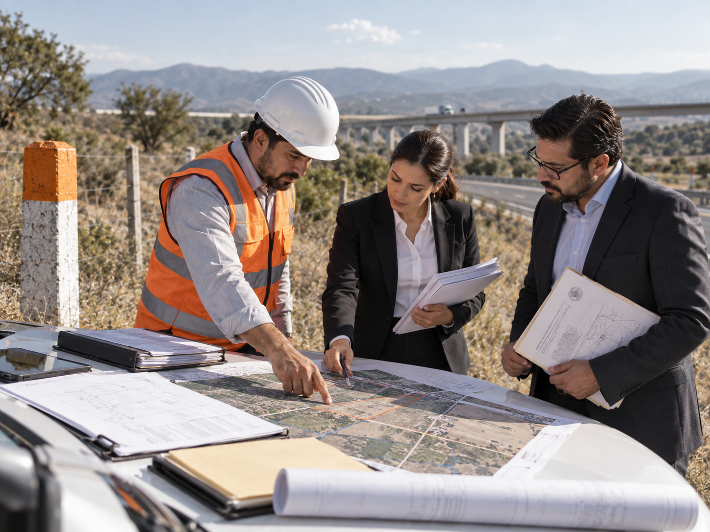 Especialistas revisando planos y documentación en campo, representando expropiación y regularización.