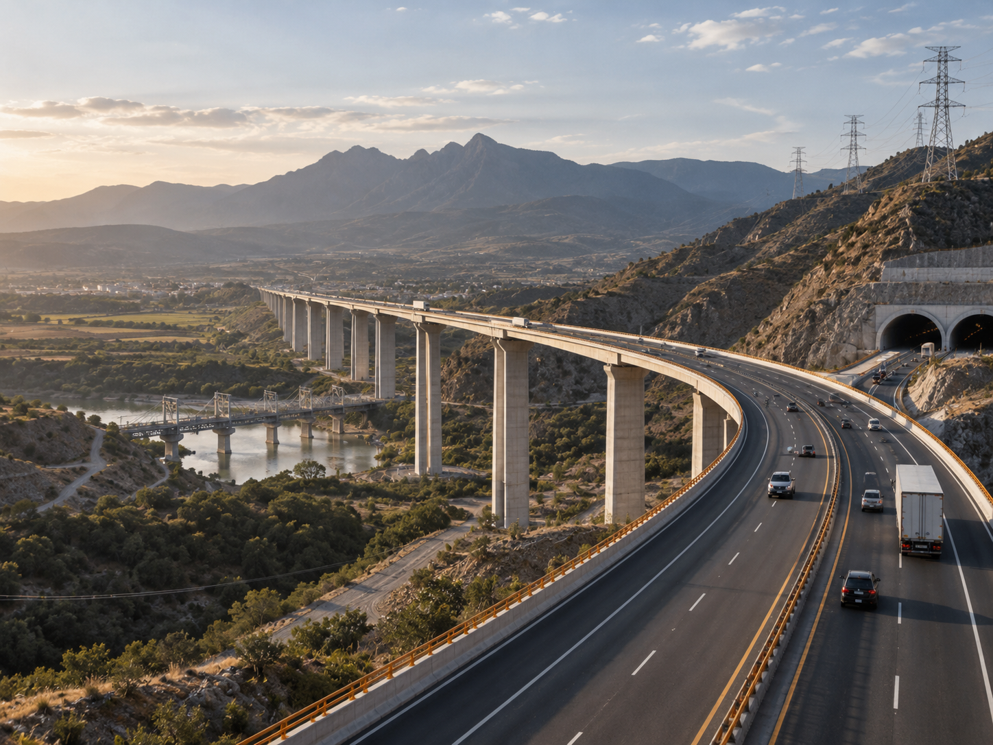 Vista amplia de un corredor de infraestructura con autopista, viaducto y red eléctrica.